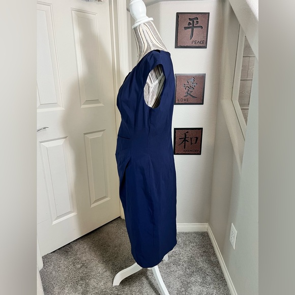Adrianna Papell $140 Navy Blue Knit Crepe Draped Sleeveless Midi Dress 12 - Picture 4 of 11